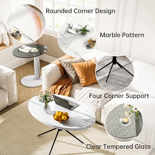 AWQM Oval Coffee Side Table Set of 2, Faux Marble Top and Modern Tempered Transparent Glass Top,Perfect for Living Room,Cafe,Home,and Office. - size: Set of 2