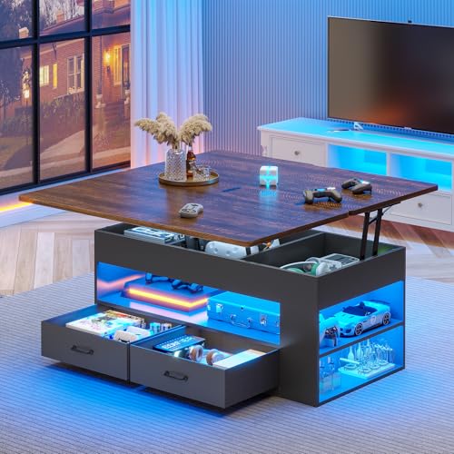 Itaar Lift Top Coffee Table, 4 in 1 Coffee Tables with Storage and Hidden Compartment, Farmhouse Coffee Table with 2 Fabric Drawers & LED Light for Living Room, Black - color: Black