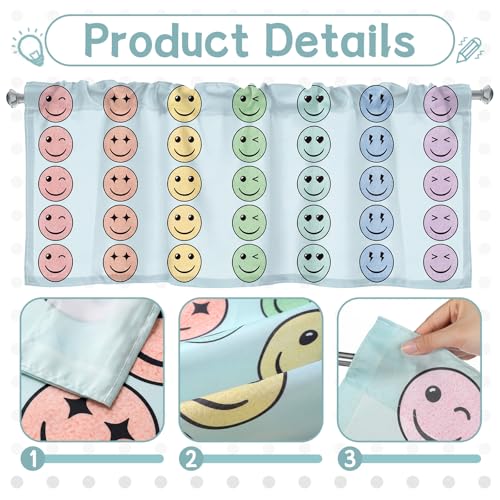 Hahafelt 4 Pcs Classroom Curtains Pastel Smile Face Window Valances Curtain 54" W x 18" L Simple Rod Pocket Back to School Window Treatment for Classroom Living Room Bedroom Kitchen - color: Pastel, style: Smile Face