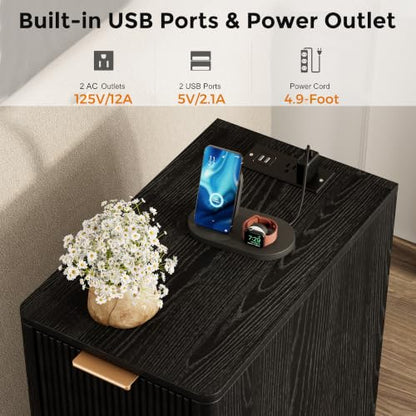 Homleke Narrow End Table with Fluted Drawer & Charging Station | Compact Nightstand with USB Ports & Outlets, Bedside Table for Bedroom, Living Room, Modern Accent Table, Black - color: Black