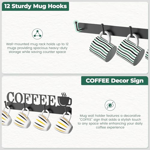 EsLuker.ly Mug Holder Rack Coffee Cup Hanger Wall Mount, 3 Pack Black | Metal Wall Cup Shelf Organizer Stand with 12 Hooks, Fits Most Mugs Display for Home Kitchen, Space-Saving Coffee Bar Enhancer - style: Upgrade 12 Hooks