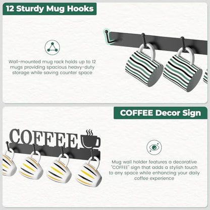EsLuker.ly Mug Holder Rack Coffee Cup Hanger Wall Mount, 3 Pack Black | Metal Wall Cup Shelf Organizer Stand with 12 Hooks, Fits Most Mugs Display for Home Kitchen, Space-Saving Coffee Bar Enhancer - style: Upgrade 12 Hooks