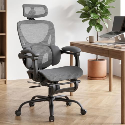 MALOL Ergonomic Mesh Office Chair with Footrest, Executive High Back Computer Desk Chair with 3D Adjustable Headrest & 5-Level Lumbar Support, Track Armrest, Tilt Lock, 300LBS, Grey - color: Grey