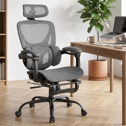 MALOL Ergonomic Mesh Office Chair with Footrest, Executive High Back Computer Desk Chair with 3D Adjustable Headrest & 5-Level Lumbar Support, Track Armrest, Tilt Lock, 300LBS, Grey - color: Grey
