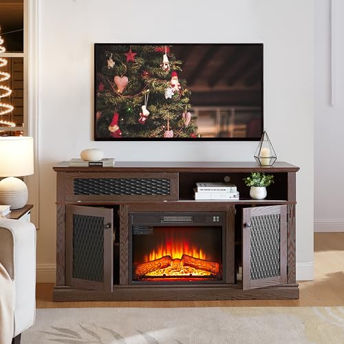 Fireplace TV Stand 58 in with 23 inch Electric Fireplace Insert, Wood Entertainment Center for TV up to 65 inch, Rustic Media Console with Embossed Sliding Doors and Cable Management, Dark Cherry - color: Cherry-d