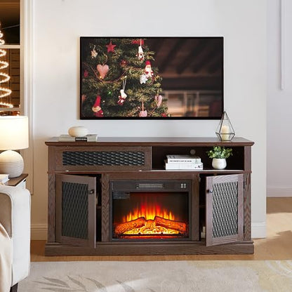 Fireplace TV Stand 58 in with 23 inch Electric Fireplace Insert, Wood Entertainment Center for TV up to 65 inch, Rustic Media Console with Embossed Sliding Doors and Cable Management, Dark Cherry - color: Cherry-d