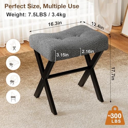 18-Inch Vanity Stool Chair, Gray Makeup Stool | Teddy Flannel Vanity Bench, Metal X-Leg, 300 LBS, 16.3"x12.4"x18", Ottoman Accent Stool, Breathable Soft Saddle Seat - size: Small, style: Gray Fabric
