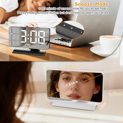 Digital Clock,Alarm Clock Bedside,7.3'' Large LED Mirror with Date Display,Dual Alarm with 3 Mode,Brightnee Adjust,DST,Snooze Function,USB C Charging Port,5 Levels Volume for Desk Bedroom Teens - color: Black