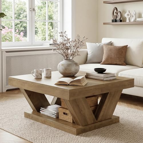 LITTLE TREE Coffee Table, Farmhouse Coffee Table with Large Storage Shelf, 2-Tier Rustic Wood Modern Center Table for Living Room, Home Office, Rustic Brown - color: Rustic Brown