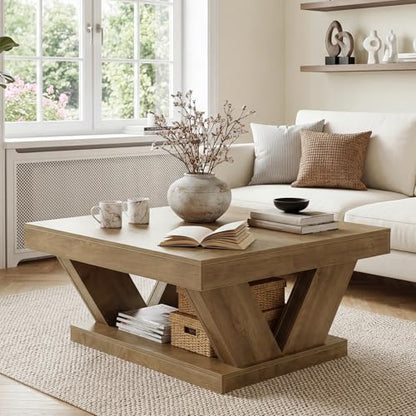 LITTLE TREE Coffee Table, Farmhouse Coffee Table with Large Storage Shelf, 2-Tier Rustic Wood Modern Center Table for Living Room, Home Office, Rustic Brown - color: Rustic Brown