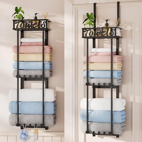HapiRm Towel Rack Bathroom Storage - 3 Tier Over The Door & Wall Mounted Rolled Towel Racks Holder Organizer with Metal Shelf and 6 Hooks for Small Bathroom, Camper, Rv - Black (for 1.77 in Doors) - color: Black