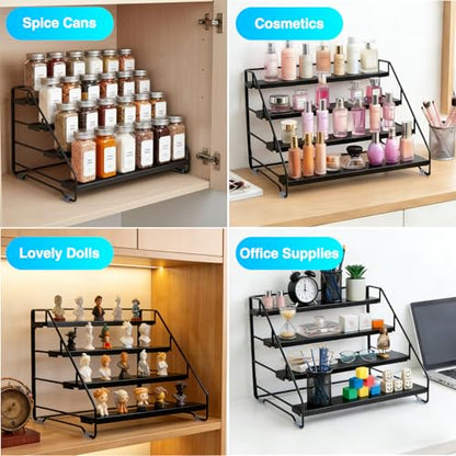 Black Tiered Spice Shelf Organizer 1 Pack | 4 Tier Countertop Spice Rack, Depth Adjustable Seasoning Organizer, Spice Shelf for Countertop, Cabinet