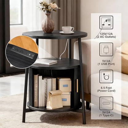 DHH Round End Tables Set of 2 & Charging Station, Fluted Accent Side Table with Sliding Door, Mid-Century Modern Nightstand Set of 2 for Small Space Storage, Living Room, Bedroom,Sofa Couch(2, Black) - color: Black
