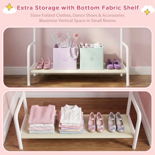 Kids Clothing Rack Double Rods for Bedroom Playroom White | Double Rod Design, Powder Coated Steel, Bottom Storage Shelf, for Baby Toddler Clothes, Dress Up, Nursery, Bedroom, Playroom - color: White