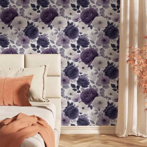 Modern White Purple Peony Floral Peel and Stick Wallpaper Wall Decor Self Adhesive Wall Paper Stick on Easy Peel Off Contact for Renter Apartment - color: White/Purple, size: 17.7" x 118"