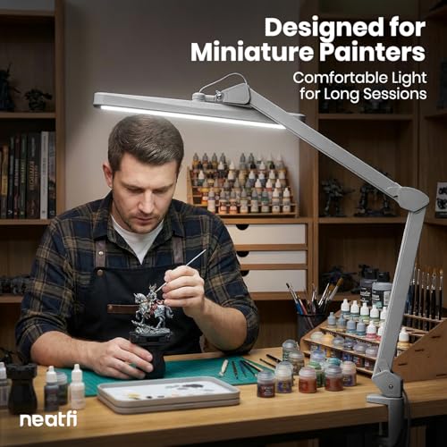 Neatfi XL 2,500 Lumens 30W LED Task Lamp for Manicure Table, Crafts, Workbench, Office – 22” Wide Shade Desk Light | Eye-Caring 6500K | 4-Level Brightness (Silver, Non-CCT with Clamp) - color: Silver