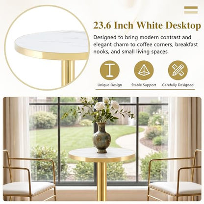 TesNus 23.6" Tulip Dining Table for 2, Small Round Tulip Table, Faux Marble Top with Gold Metal Pedestal Base, Modern Leisure Dining Table for Small Spaces, Cafe, Office, White&Gold - color: White Top&gold Base