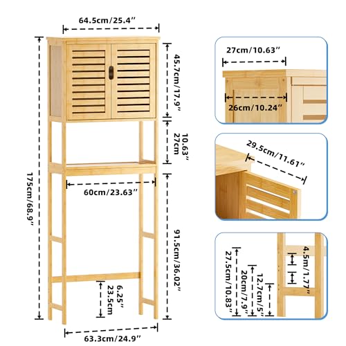 SMIBUY Bathroom Over The Toilet Storage Cabinet, 2 Door Bamboo Cabinet Organizer, Freestanding Space Saver Toilet Rack with Adjustable Inside Shelf and Open Shelf (Natural) - color: Natural