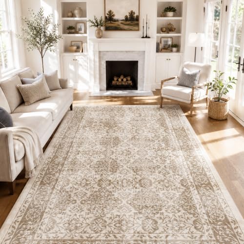 4x6 Area Rug Washable Non-Slip Living Room Rugs,Beige Area Rug | Soft Vintage Distressed Pattern Carpet for Bedroom Dining Room, Foldable Thin Floor Mat for High Traffic Areas - color: Beige, size: 4' x 6' (Rectangular)