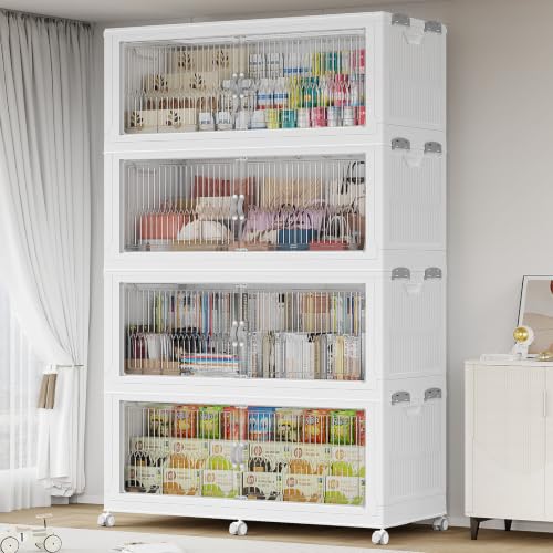 BROVIEW 1360QT Extra Large Stackable Storage Bins with Lid, 4Pack White | 340Gal Plastic Collapsible Cabinets Containers, Wheels & PET Doors, Foldable Closet Organizers Drawers for Office, Dorm - color: White, size: 85Gal-4Pack