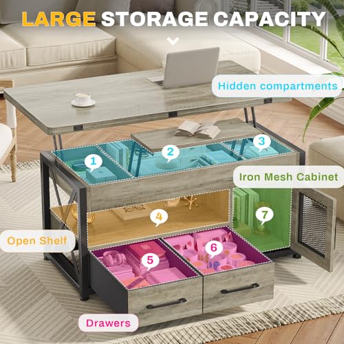 Itaar 40" Lift Top Coffee Table with Storage for Living Room, 4 in 1 Table | Grey LED Expandable Coffee Table with 2 Fabric Drawers & LED Light & Hidden Compartmen for Dining Living Room Table - color: Grey