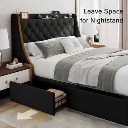 Einhomn Queen Bed Frame with 4 Storage Drawers, Upholstered Modern Bed Frame with Wingback Headboard, Charging Station, No Box Spring Needed, Easy Assembly, Black - color: Black, size: Queen
