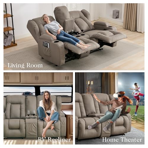 Loveseat Recliner Sofa,RV Wall Hugger Recliners with Console,Reclining Loveseat Sofa Recliner with Cup Holders/Lumbar Pillows for Small Spaces,RV Furniture (Khaki,66" 2-Seater) - color: Khaki, size: 66" 2-Seater