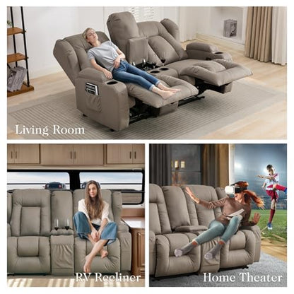 Loveseat Recliner Sofa,RV Wall Hugger Recliners with Console,Reclining Loveseat Sofa Recliner with Cup Holders/Lumbar Pillows for Small Spaces,RV Furniture (Khaki,66" 2-Seater) - color: Khaki, size: 66" 2-Seater