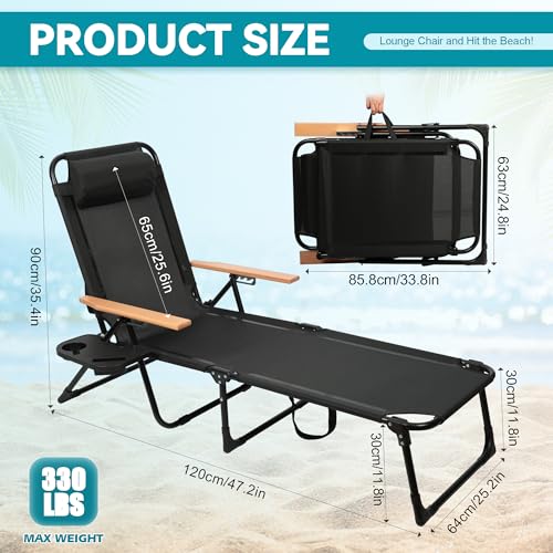 Beach Lounge Chair, Folding Outdoor Chaise Lounge Chair with Arms, 4-Position Backrest, Extended Sun Tanning Chair Pillow & Cup Holder, Patio Lounger for Outside for Beach Pool Patio Yard (Black) - color: Black