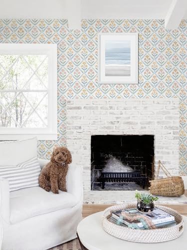 17.3''x78.7'' Peel and Stick Wallpaper Floral Boho Contact Paper Cute Vintage Village Wallpaper Farmhouse White Blue Renter Friendly Geometry Grid Waterproof Embossed Kitchen Bedroom Vinyl - color: Yellow&Blue, size: 17.3" x 78.7"