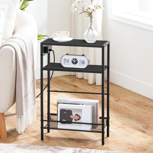 HOOBRO Small Narrow Side Table with Charging Station, Skinny End Table for Small Spaces, Slim Nightstand with USB Ports Outlet, Sofa Beside Table with Storage Shelf, Black BB102UBZ01 - color: Black