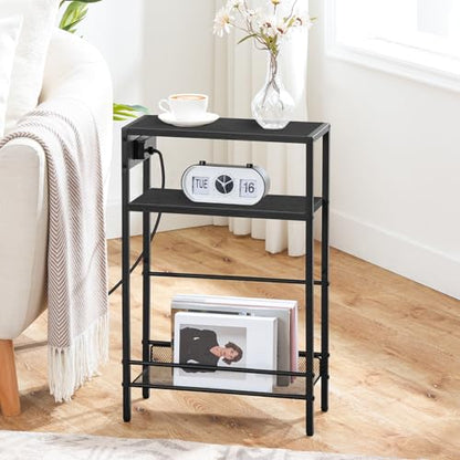 HOOBRO Small Narrow Side Table with Charging Station, Skinny End Table for Small Spaces, Slim Nightstand with USB Ports Outlet, Sofa Beside Table with Storage Shelf, Black BB102UBZ01 - color: Black