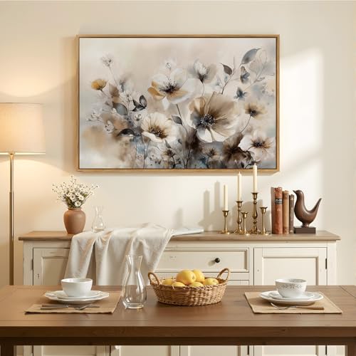 Framed Neutral Floral Wall Art, Vintage Beige Botanical Flower Canvas Artwork for Modern Farmhouse Walls, Rustic Watercolor Painting Prints for Living Room Bedroom Kitchen Dining Room, 24x36 Inch - color: White & Brown