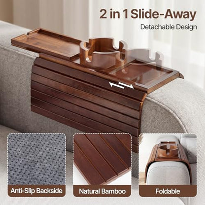 Bamboo Sofa Armrest Tray, Foldable Couch Arm Tray Side Table, 2 in 1 Anti-Falling Armrest Tables Cup Holder for Snacks, Drinks, Beers, Phone, Control, Flexible and Portable, Anti-Slip, (Brown) - color: Brown