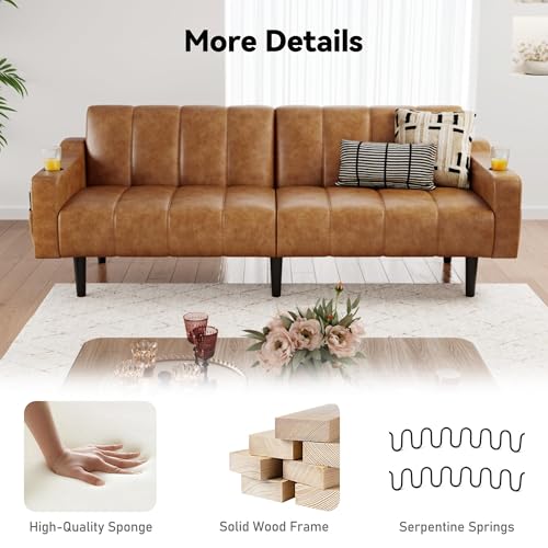 80'' Futon Sofa Bed, Faux Leather Sleeper Couch, Convertible Loveseat with Adjustable Sofa Backrest, Modern Couches for Living Room, Bed Room, Apartment, Office (Light Brown) - color: Faux Leather Light Brown