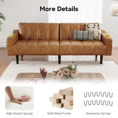 Brelice 80'' Futon Sofa Bed, Leather Couch, Faux Leather Couch with Adjustable Backrest, 2 Cup Holders & Side Pockets, Mid Century Modern Futon Sofa for Living Room, Bedroom, Light-Brown - color: Faux Leather Brown