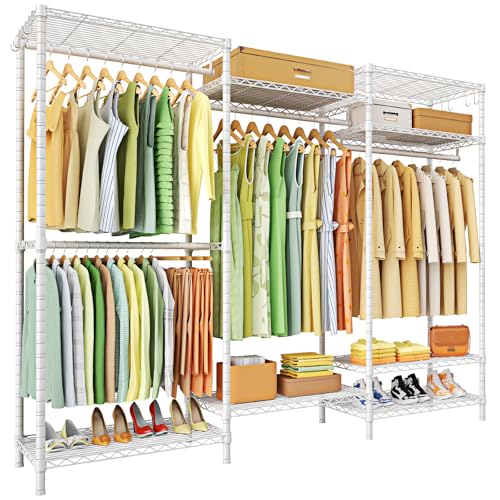 E13 Heavy Duty Clothes Rack（With 4 Hanger Rods & 8 Shelves） Freestanding Clothing Racks for Hanging Clothes，Adjustable Closet Organizer，Metal Garment Rack 63" W x16 D x77 H，Max Load 900LBS，White - color: White, size: E13
