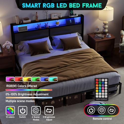 RVONOW King Size Bed Frame with 2-Tier Storage Headboard, Dark Grey | Wooden headboard with LED lights, built-in charging station, No Box Spring Needed, Noise Free, Easy Assembly, Modern Bedroom - color: Dark Grey, size: King