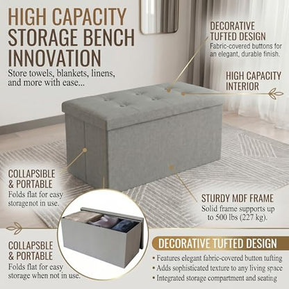 HOME DESIGN Florence 30" Upholstered Folding Storage Ottoman Bench, Tufted Top, Space-Saving Storage, Gray Linen Fabric - color: Gray Linen