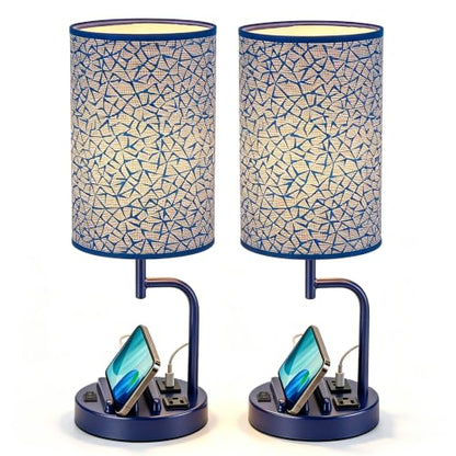 Dreamholder 2 Pack Table Lamp, Bedside Lamp with 3 USB Charging Ports & AC Outlet, USB Desk Lamp with 2 Phone Holders, Linen Fabric Shade Nightstand Lamps for Bedroom Living Room Office, Blue - color: Blue