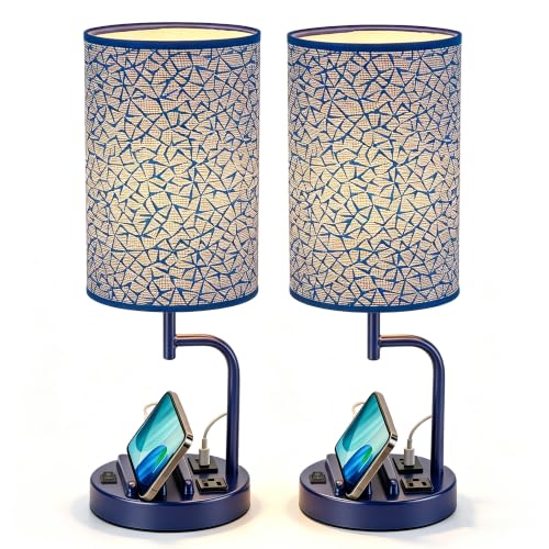 Dreamholder 2 Pack Table Lamp, Bedside Lamp with 3 USB Charging Ports & AC Outlet, USB Desk Lamp with 2 Phone Holders, Linen Fabric Shade Nightstand Lamps for Bedroom Living Room Office, Blue - color: Blue