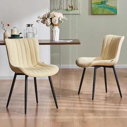 YOUNUOKE Dining Chairs Set of 2 Mid-Century Modern Kitchen Chairs Beige | Faux leather upholstered with Back, fits dining living waiting room guest reception. Waterproof easy to clean assemble, 300lb - color: Beige