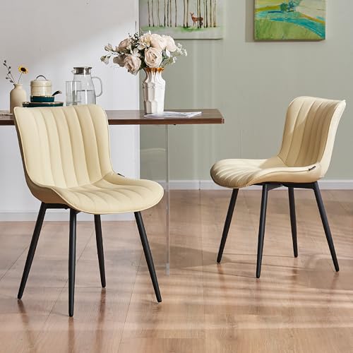 YOUNUOKE Dining Chairs Set of 2 Mid-Century Modern Kitchen Chairs Beige | Faux leather upholstered with Back, fits dining living waiting room guest reception. Waterproof easy to clean assemble, 300lb - color: Beige