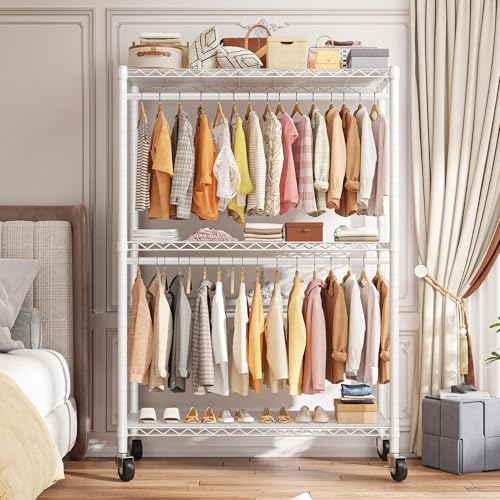 Raybee Heavy Duty Clothes Rack, 45" W Clothing Racks for Hanging Clothes, Clothing Rack with Wheels and Adjustable Feet, Max Load 440LBS, White - color: White