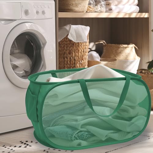 Collapsible Laundry Hamper Basket,Pop Up Mesh Foldable Bag for Laundry Room | folding horizontal laundry durable baskets with handles & side pocket travel for bathroom,Kids room,college dorm(Green) - color: Green