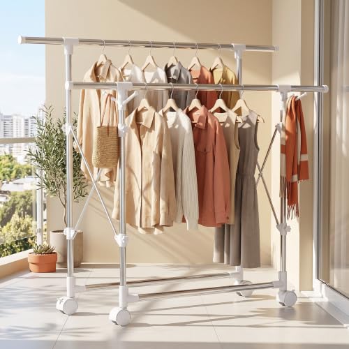 Clothes Drying Rack Foldable,Portable Laundry Collapsible | Folding Stainless Steel Standing Dry Rack for Outdoor Indoor Adjustable Double Rod with Wheels,Space Saving Rolling Dry Rack