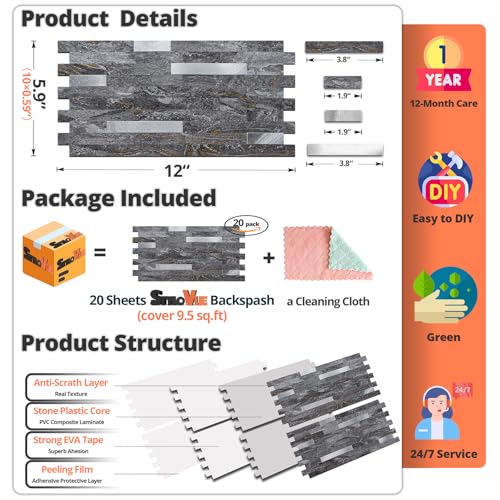 StyloVue 20 Sheets Peel and Stick Backsplash for Kitchen, Gray-Gold Stone with Metal Silver Look Stick on Tile Upgrade Your Kitchen Backsplash, RV, Fireplace - color: Gray-Gold Stone with Metal Silver
