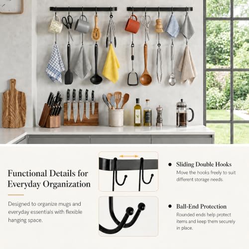 17" Coffee Mug Hook Rack Wall Mounted Set of 2 | Black Metal Tea Cup Holder Hanger Organizer 10 Hooks, Kitchen Rail Utensil Rack for Dining Room Coffee Bar