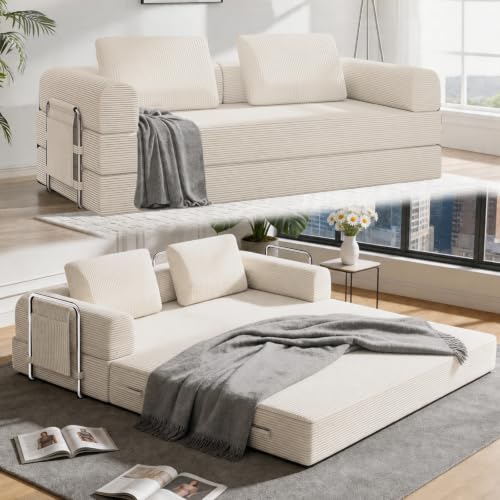 78" Convertible Sofa Bed, Corduroy Pull Out Couch with Fixed Frame & Pocket | 5-in-1 Boneless Sleeper Sofa, Couch Bed with 2 Pillows, Living Room, Small Spaces, Bedroom, No Assembly - color: 78''beige