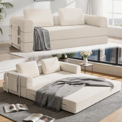 78" Convertible Sofa Bed, Corduroy Pull Out Couch with Fixed Frame & Pocket | 5-in-1 Boneless Sleeper Sofa, Couch Bed with 2 Pillows, Living Room, Small Spaces, Bedroom, No Assembly - color: 78''beige